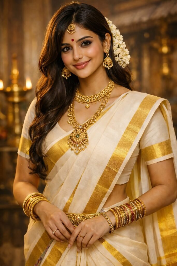 Beautiful woman in a Kerala Style Saree featuring a classic gold Kasavu border, temple jewellery, and jasmine flowers.